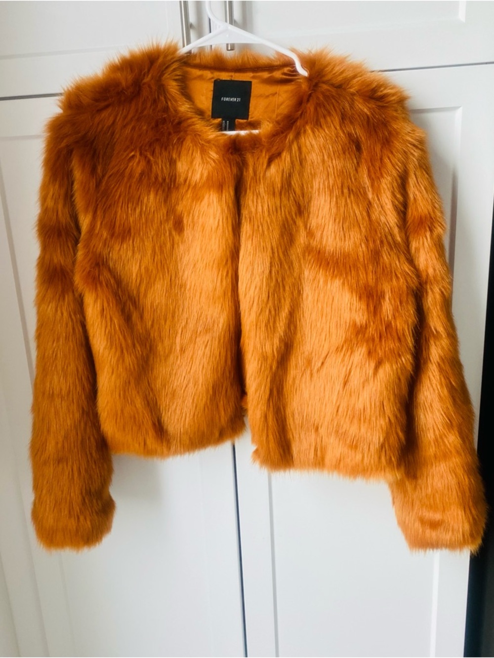 Womens faux fur tan golden fluffy jacket medium forever 21